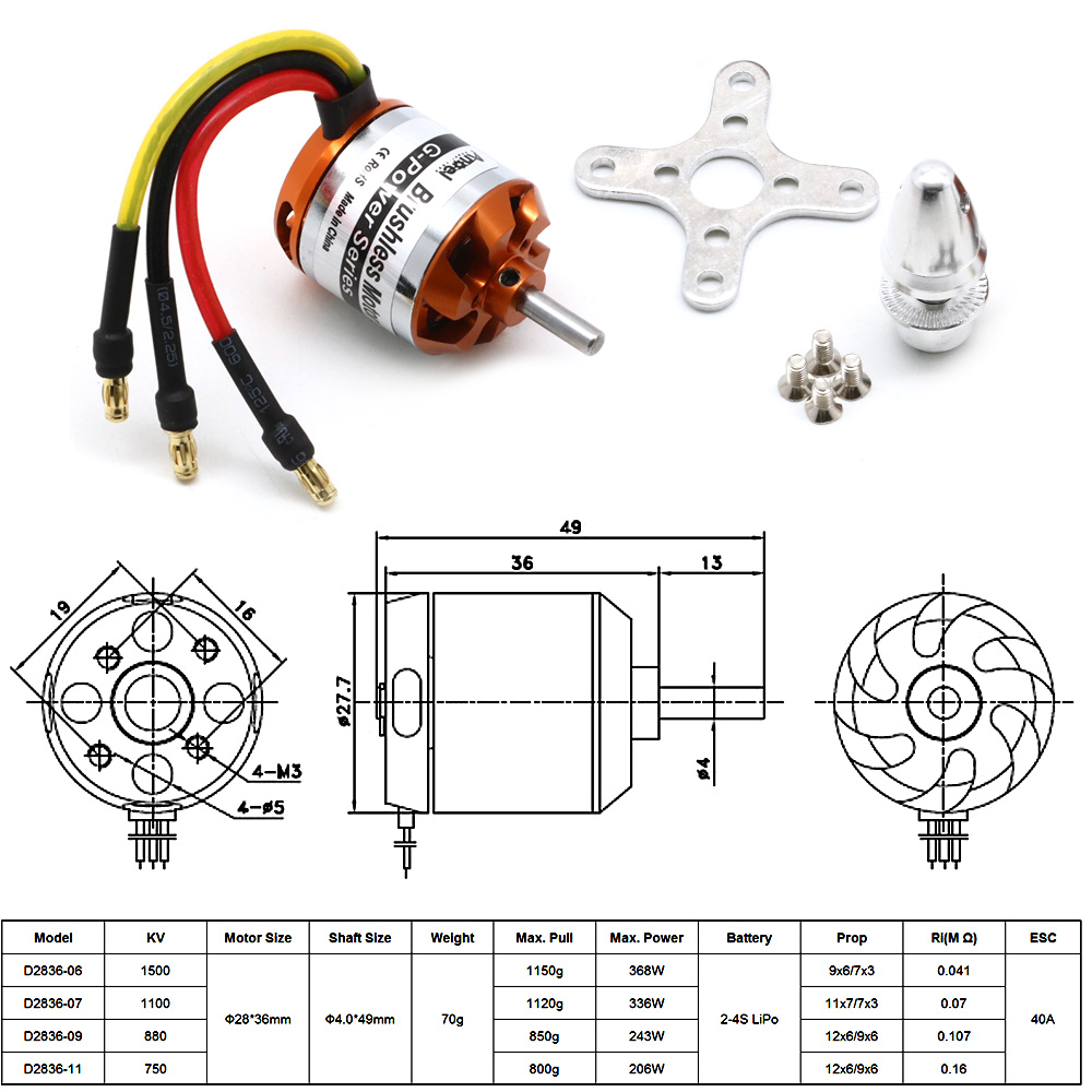 Motor RC D2836 750KV 1500KV 88 - Rc Hobby Grade reseña y precio